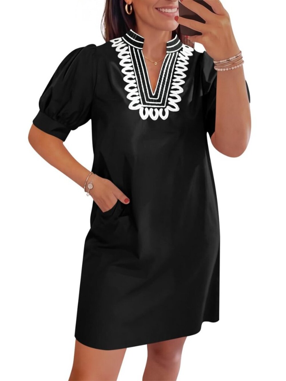 Womens Summer Shift Puff Short Sleeve Embroidered Short Dresses